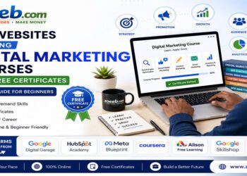 Person learning digital marketing online with free certificate courses on a laptop