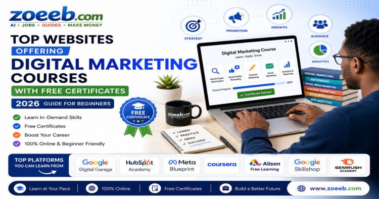 Person learning digital marketing online with free certificate courses on a laptop
