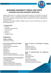 Official Mudiame University Recruitment Advertisement