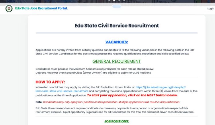 Edo State Govt Opens Portal for Multiple Civil Service Jobs
