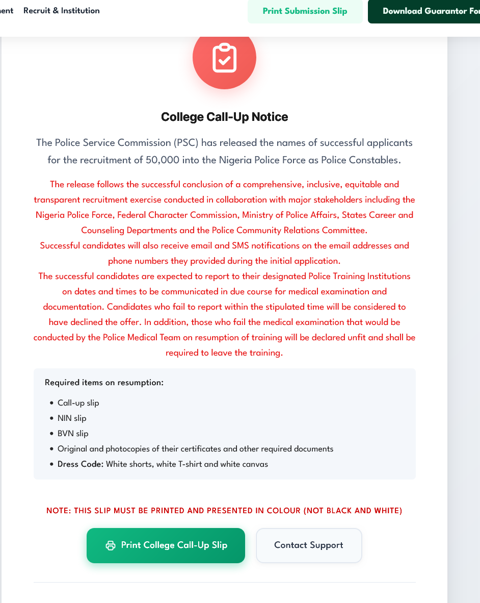 Police Recruitment call up letter