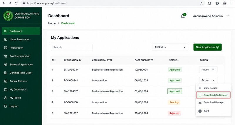CAC Dashbord showing “Approved” application and the “Download Certificate” option