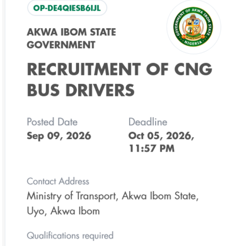 Akwa Ibom State CNG Bus Driver Recruitment